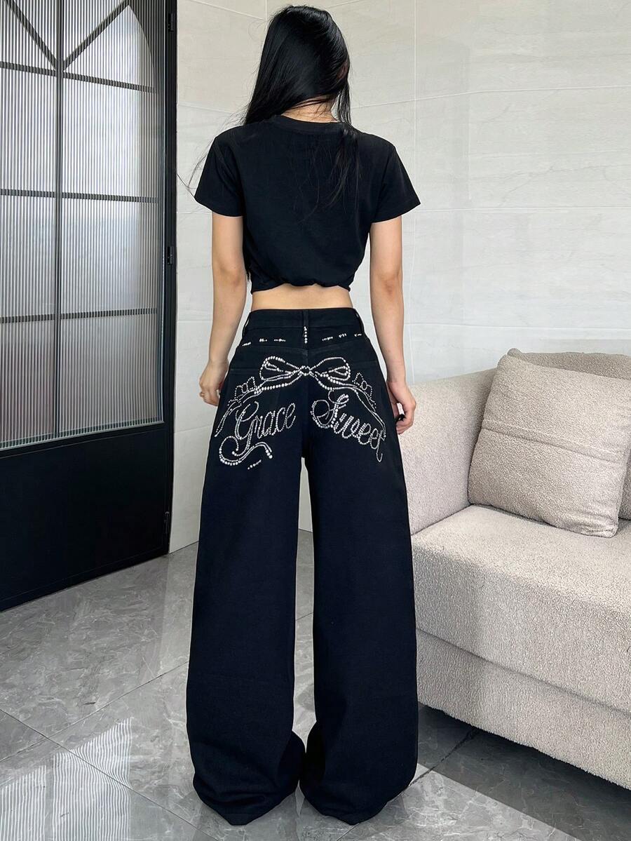 Široke pantalone od teksasa sa štrasom, američki street fashion stil