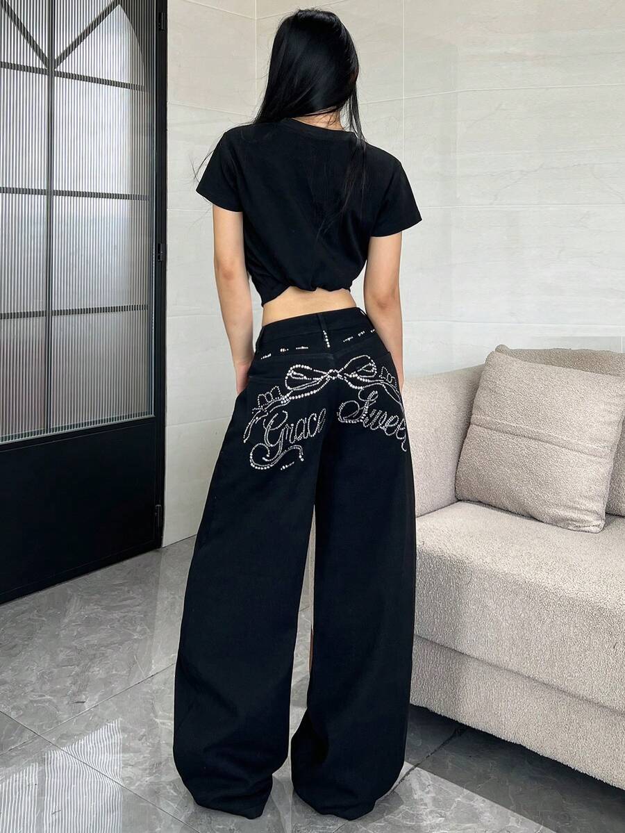 Široke pantalone od teksasa sa štrasom, američki street fashion stil