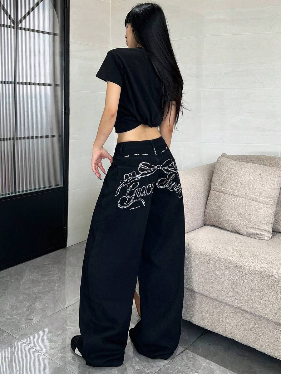 Široke pantalone od teksasa sa štrasom, američki street fashion stil