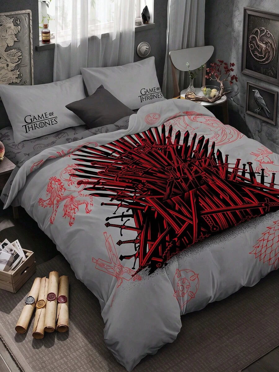 Game of Thrones Set od 3 komada sivih posteljina sa dvostranom printom "Game", od brušenog materijala