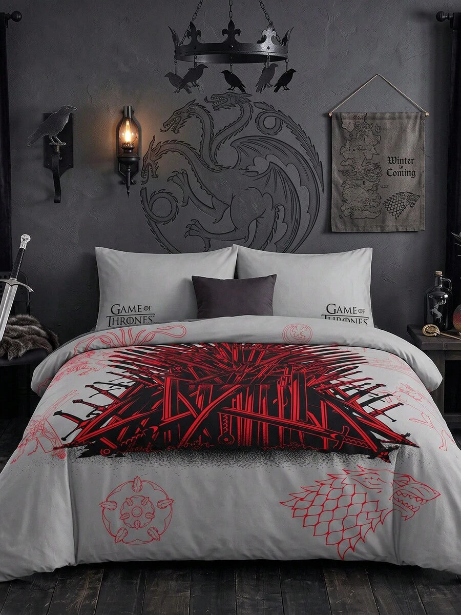 Game of Thrones Set od 3 komada sivih posteljina sa dvostranom printom "Game", od brušenog materijala