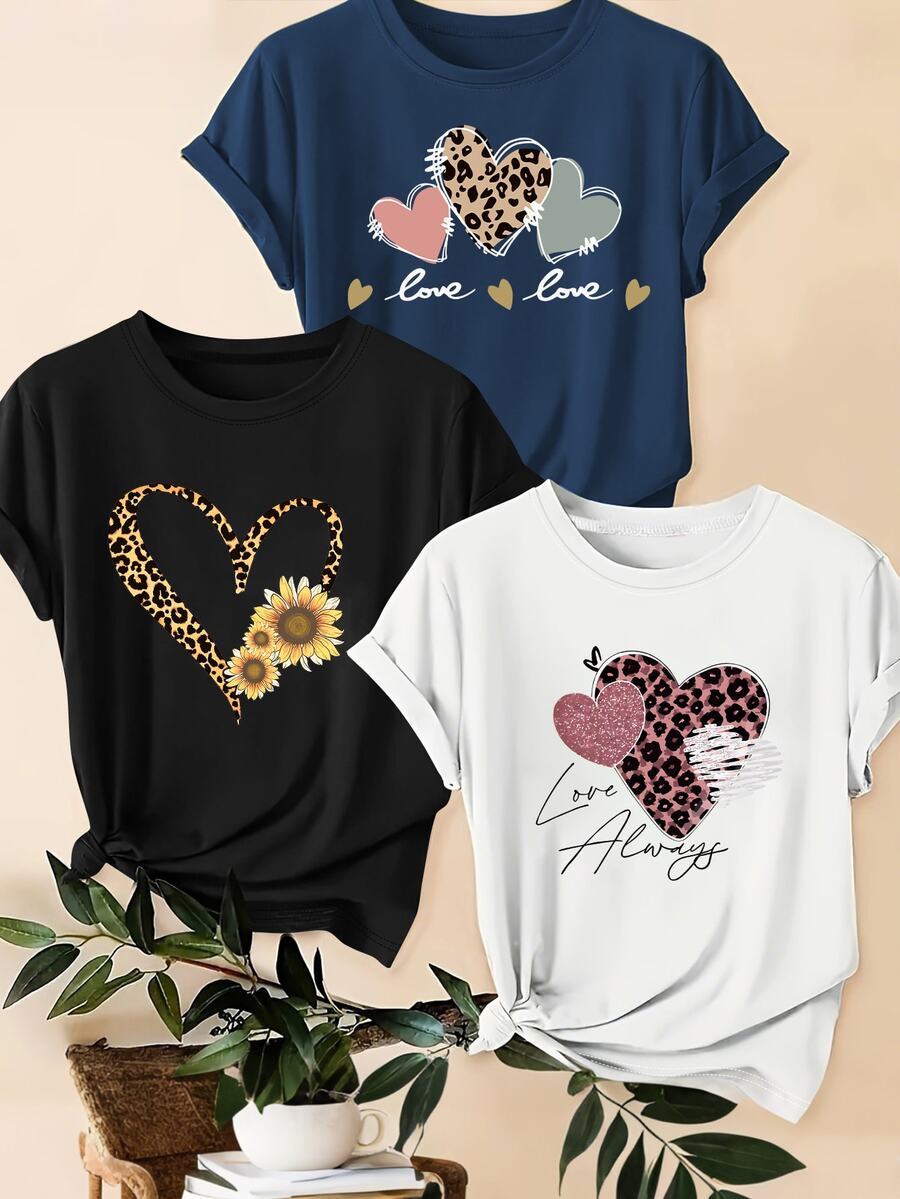 3 kom/set letnjih majica: ležerna majica plus size sa leopard printom, srcem i slogan grafikom
