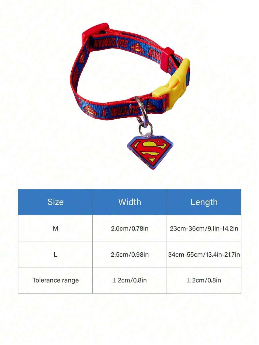 SUPERMAN štampana ogrlica za pse , izdržljiva, crveno-plavo-žuta, sa kopčom, podesiva i udobna, za male i srednje pse