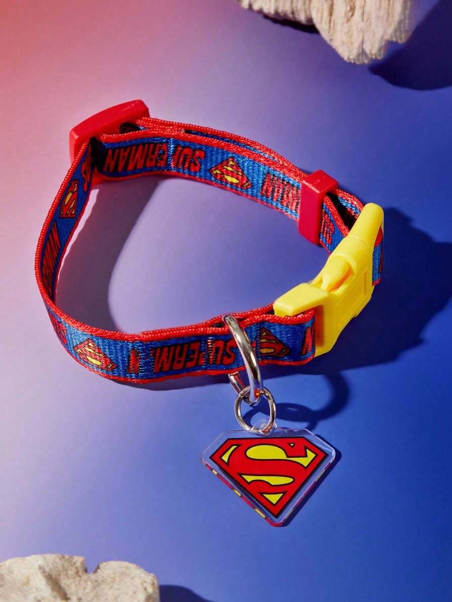 SUPERMAN štampana ogrlica za pse , izdržljiva, crveno-plavo-žuta, sa kopčom, podesiva i udobna, za male i srednje pse