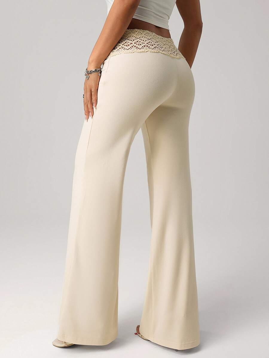 Ženske ležerne resort pantalone ravnog kroja sa širokim strukom i pertlom sa perlicama