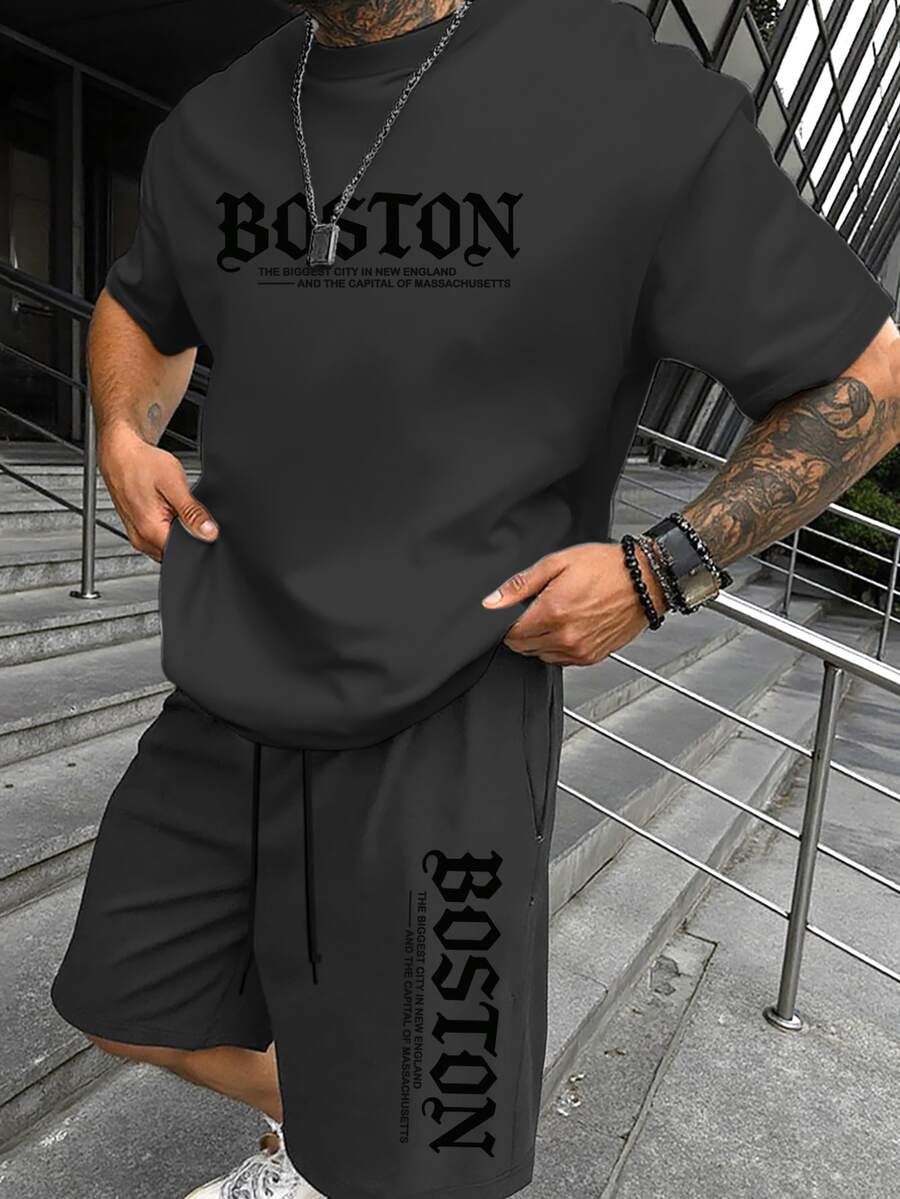 Muški streetwear komplet sa kratkim rukavima i šorts sa printom slova Chicago
