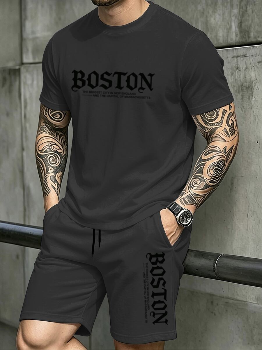 Muški streetwear komplet sa kratkim rukavima i šorts sa printom slova Chicago