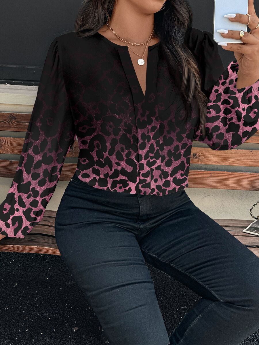 Ženska bluza plus size, elegantna, sa ombre leopard printom, puni dezen
