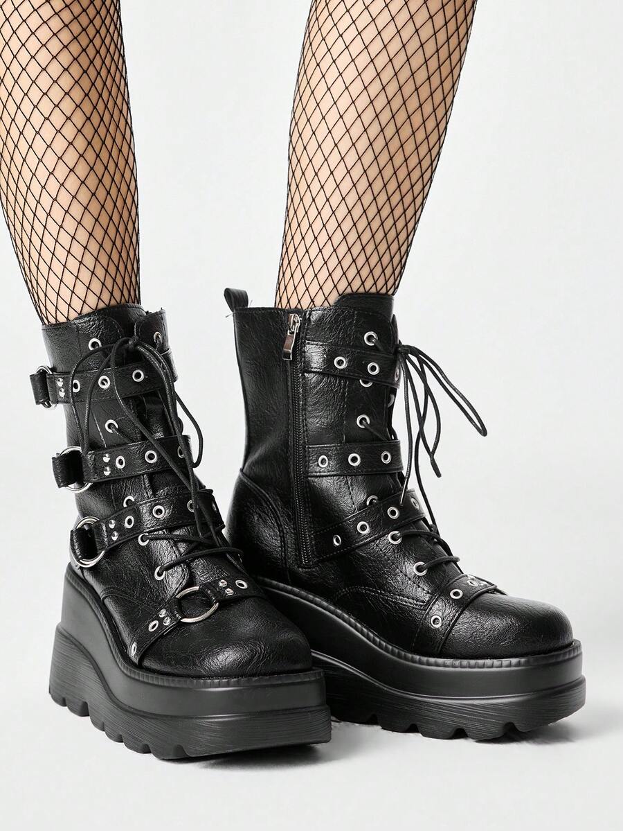 ROMWE Grunge Punk Ženske čizme u pank stilu, tamne PU platforme