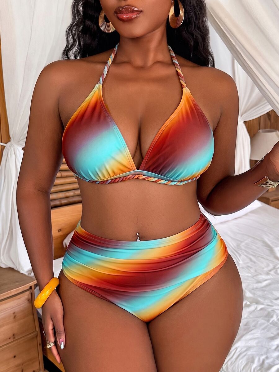 Ženski set za plažu za proleće/leto, bikini sa halter izrezom i trouglastim gornjim delom, plus size