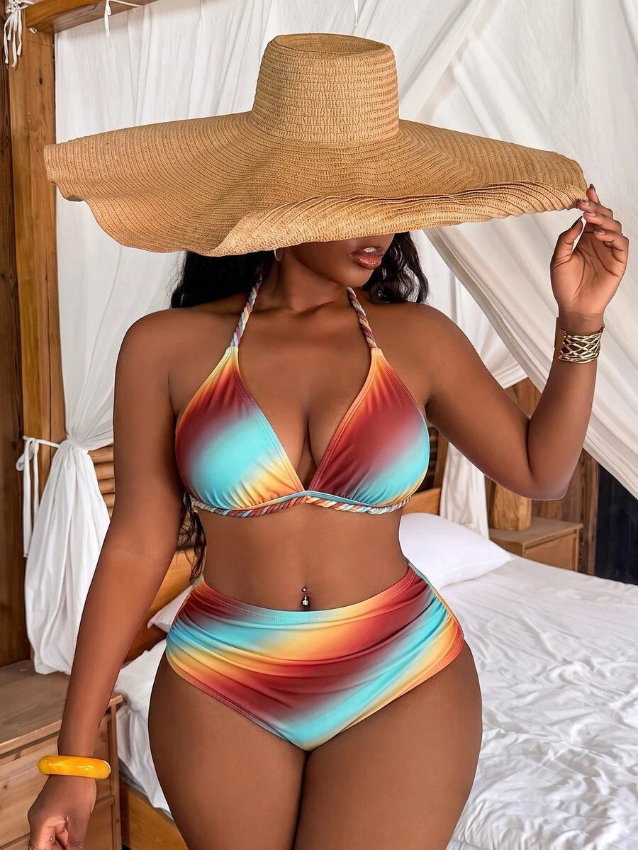 Ženski set za plažu za proleće/leto, bikini sa halter izrezom i trouglastim gornjim delom, plus size