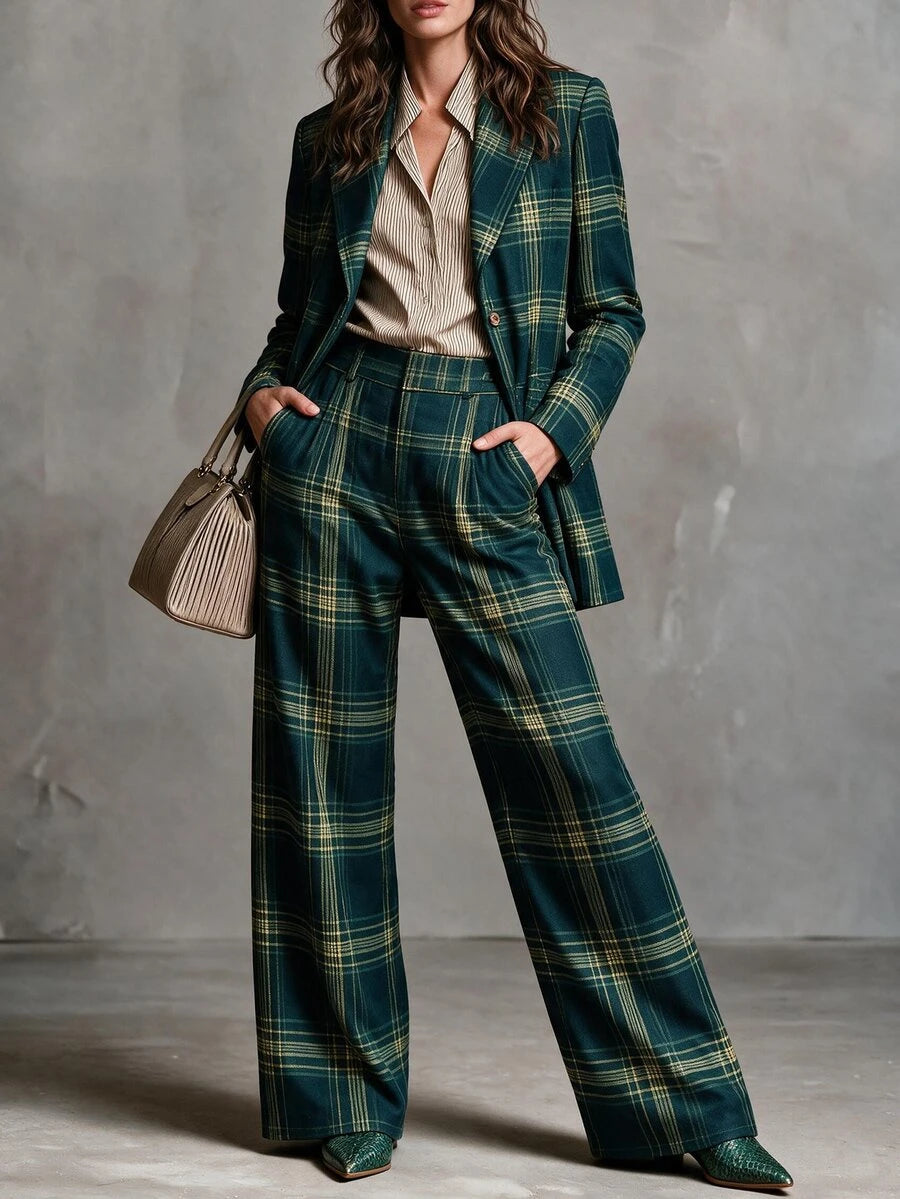 Solivie Ženski set od 2 komada, blejzer sa reverom + široke pantalone, vintage romantični stil, moderan i svestran zeleni karirani kostim