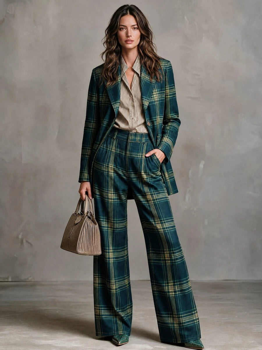 Solivie Ženski set od 2 komada, blejzer sa reverom + široke pantalone, vintage romantični stil, moderan i svestran zeleni karirani kostim