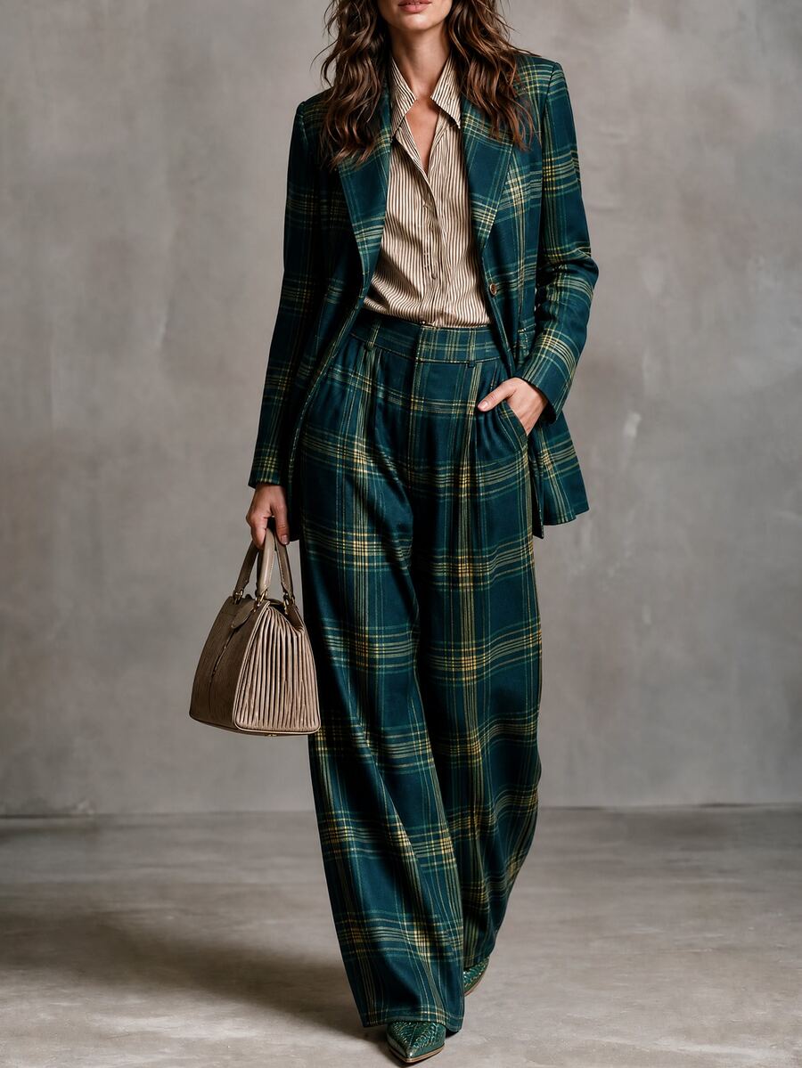 Solivie Ženski set od 2 komada, blejzer sa reverom + široke pantalone, vintage romantični stil, moderan i svestran zeleni karirani kostim