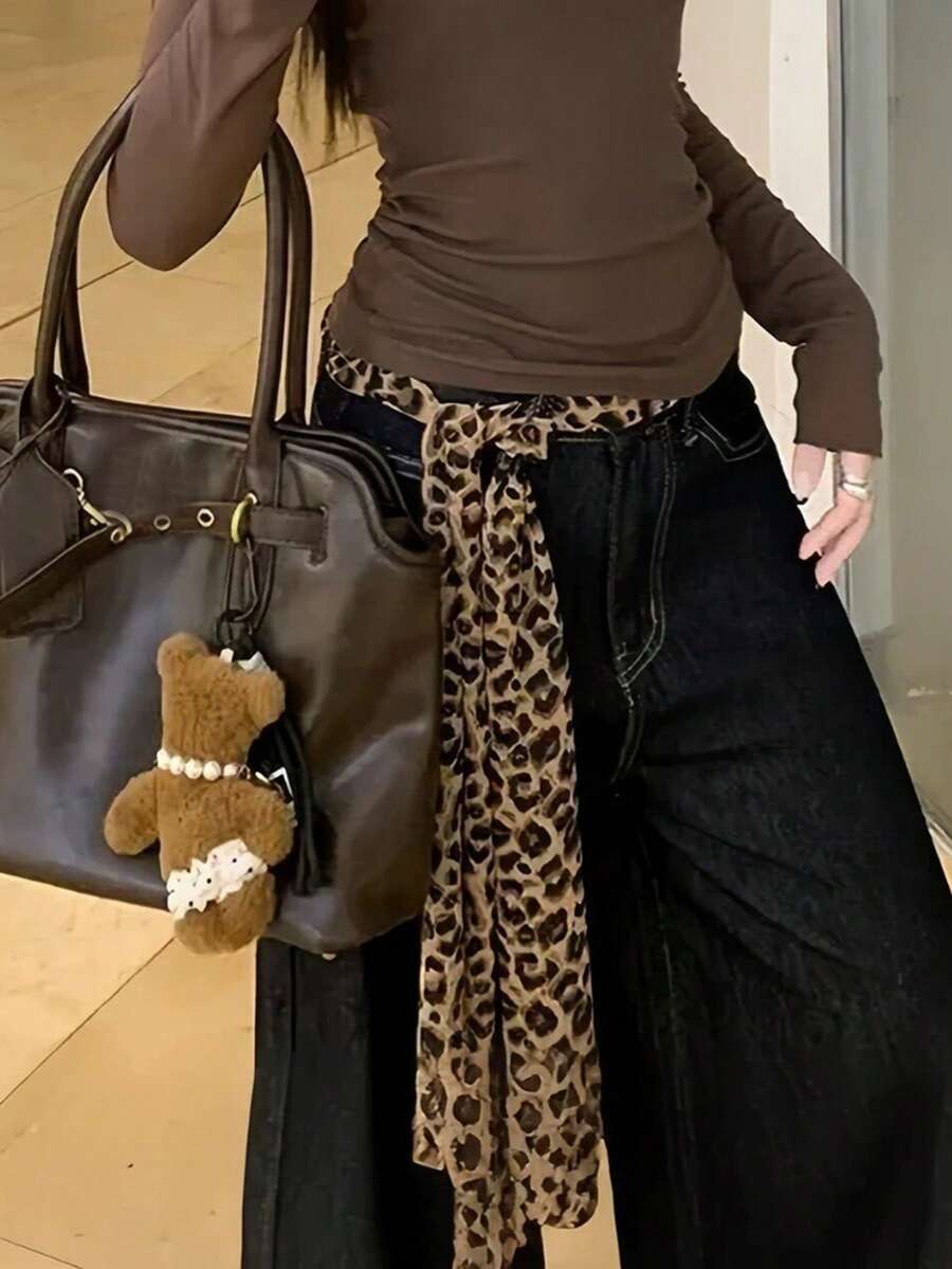 Vintage braon svileni kaiš-marama sa leopard printom za žene, luksuzna