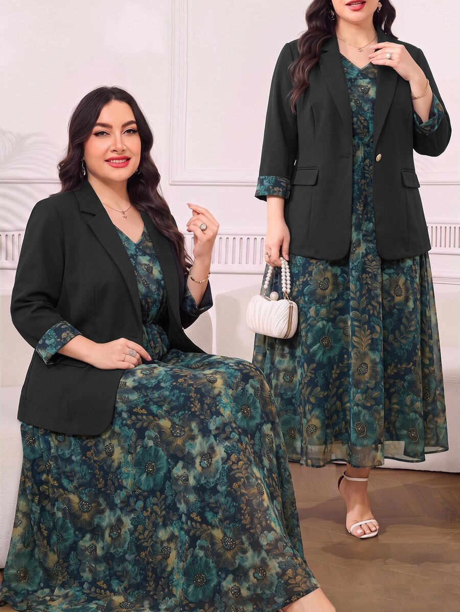 Clasi Set sa sakoom i haljinom sa cvetnim dezenom, plus size