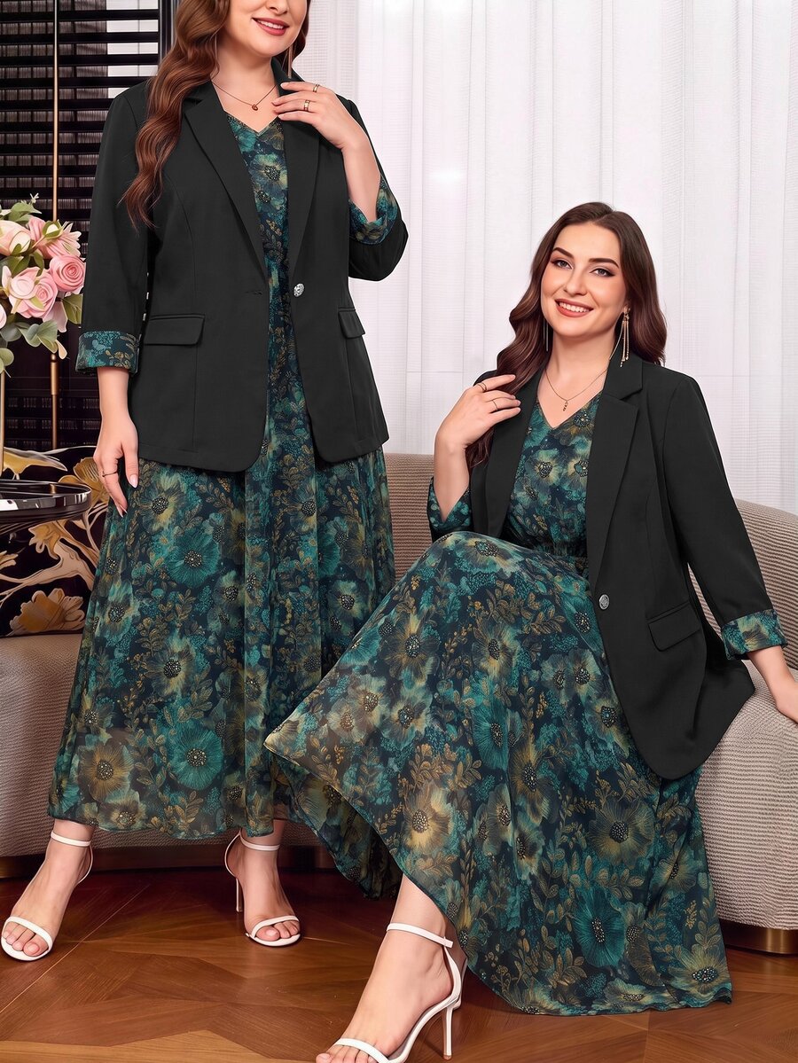 Clasi Set sa sakoom i haljinom sa cvetnim dezenom, plus size