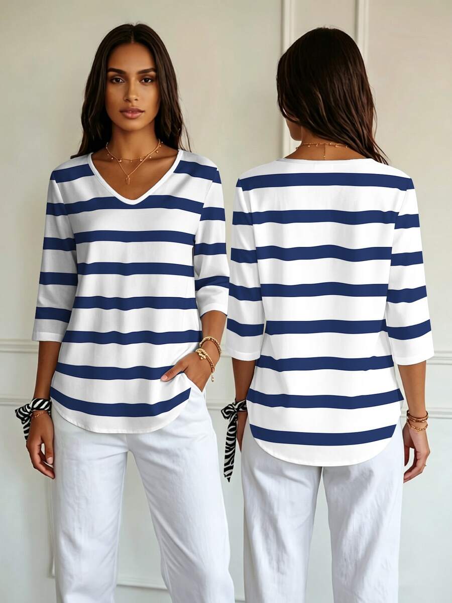 Bluza sa geometrijskim printom srca i dijamanta, V-izrez, 3/4 rukavi, plus size