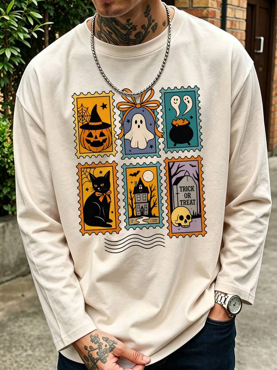 Bež majica dugih rukava sa američkim vintage pečatom i Halloween motivom