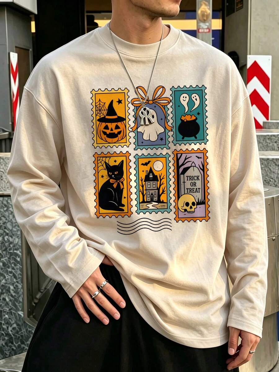 Bež majica dugih rukava sa američkim vintage pečatom i Halloween motivom