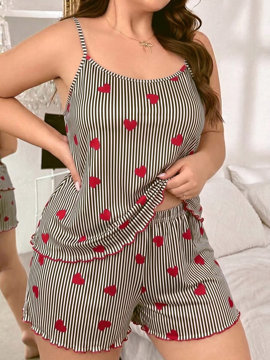 Set za spavanje sa topom na bretele i šorts sa crtanim printom mačke, plus size
