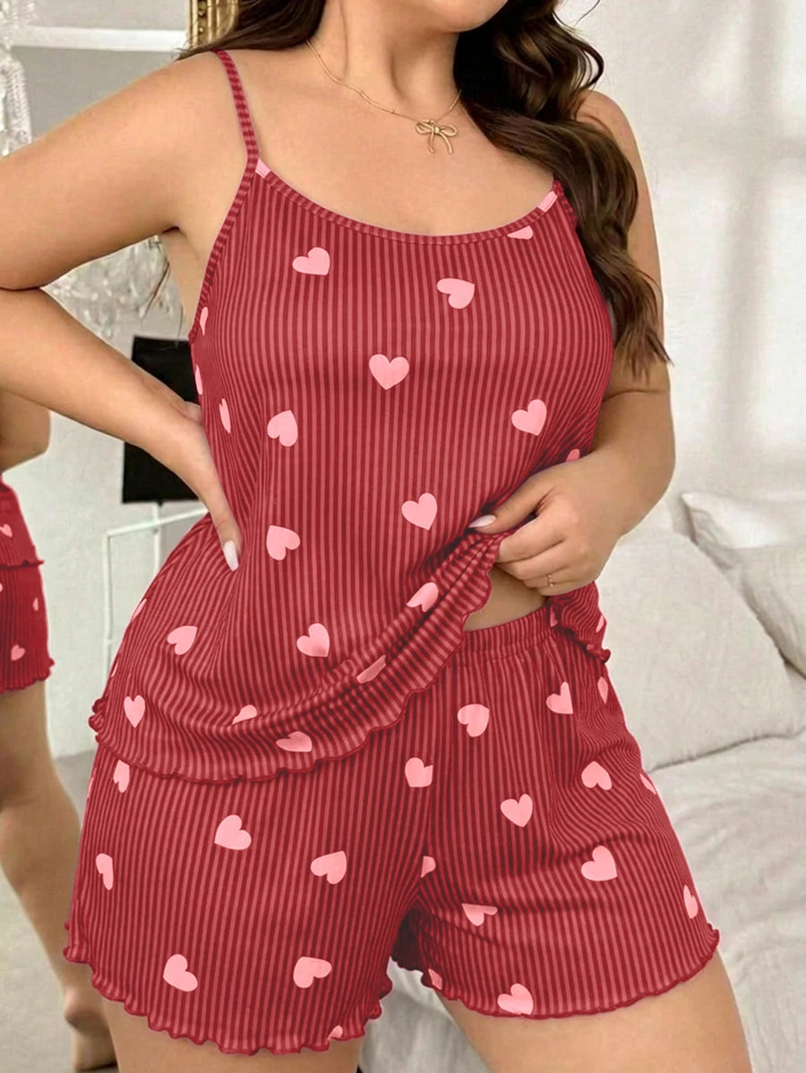Set za spavanje sa topom na bretele i šorts sa crtanim printom mačke, plus size