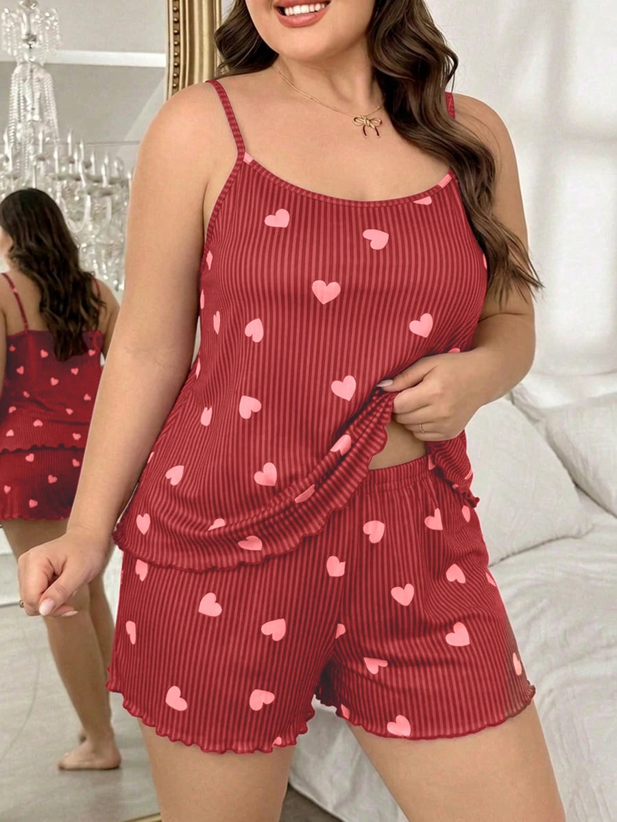 Set za spavanje sa topom na bretele i šorts sa crtanim printom mačke, plus size