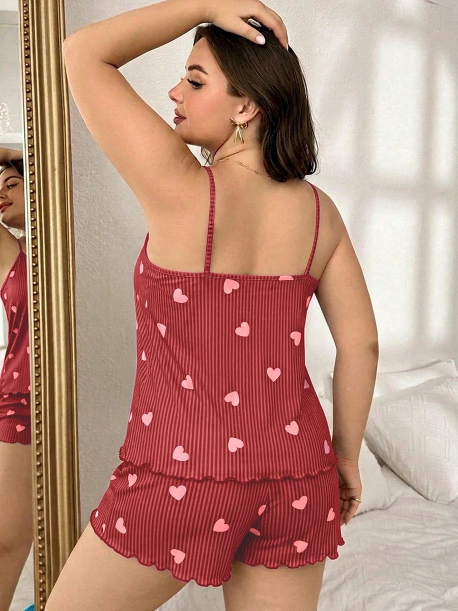Set za spavanje sa topom na bretele i šorts sa crtanim printom mačke, plus size