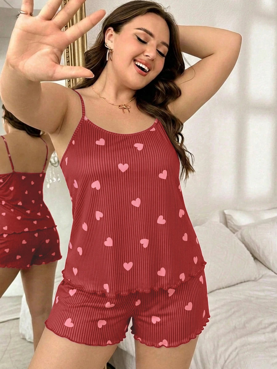 Set za spavanje sa topom na bretele i šorts sa crtanim printom mačke, plus size