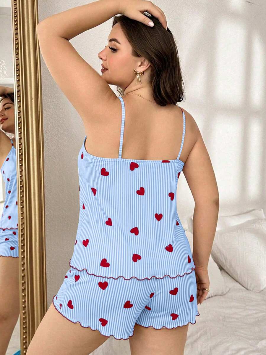 Set za spavanje sa topom na bretele i šorts sa crtanim printom mačke, plus size