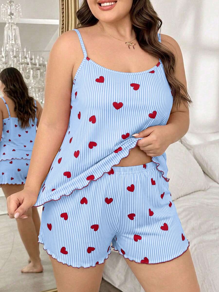Set za spavanje sa topom na bretele i šorts sa crtanim printom mačke, plus size