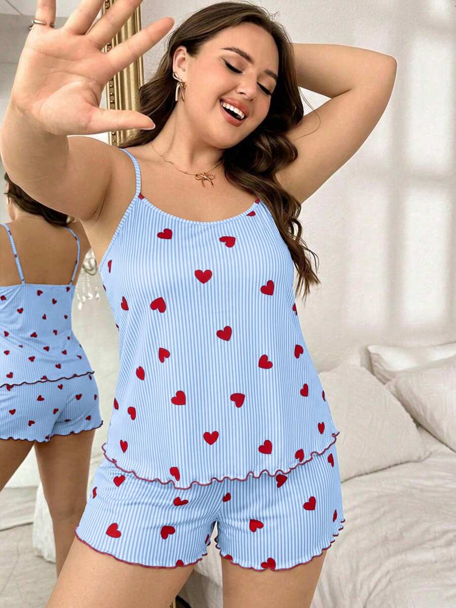 Set za spavanje sa topom na bretele i šorts sa crtanim printom mačke, plus size
