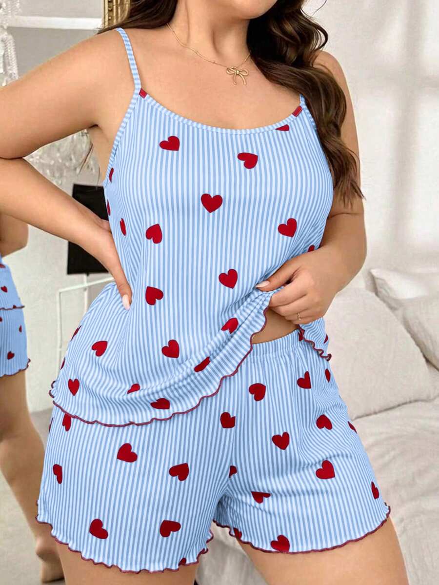 Set za spavanje sa topom na bretele i šorts sa crtanim printom mačke, plus size