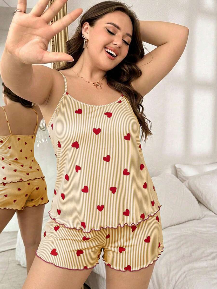 Set za spavanje sa topom na bretele i šorts sa crtanim printom mačke, plus size