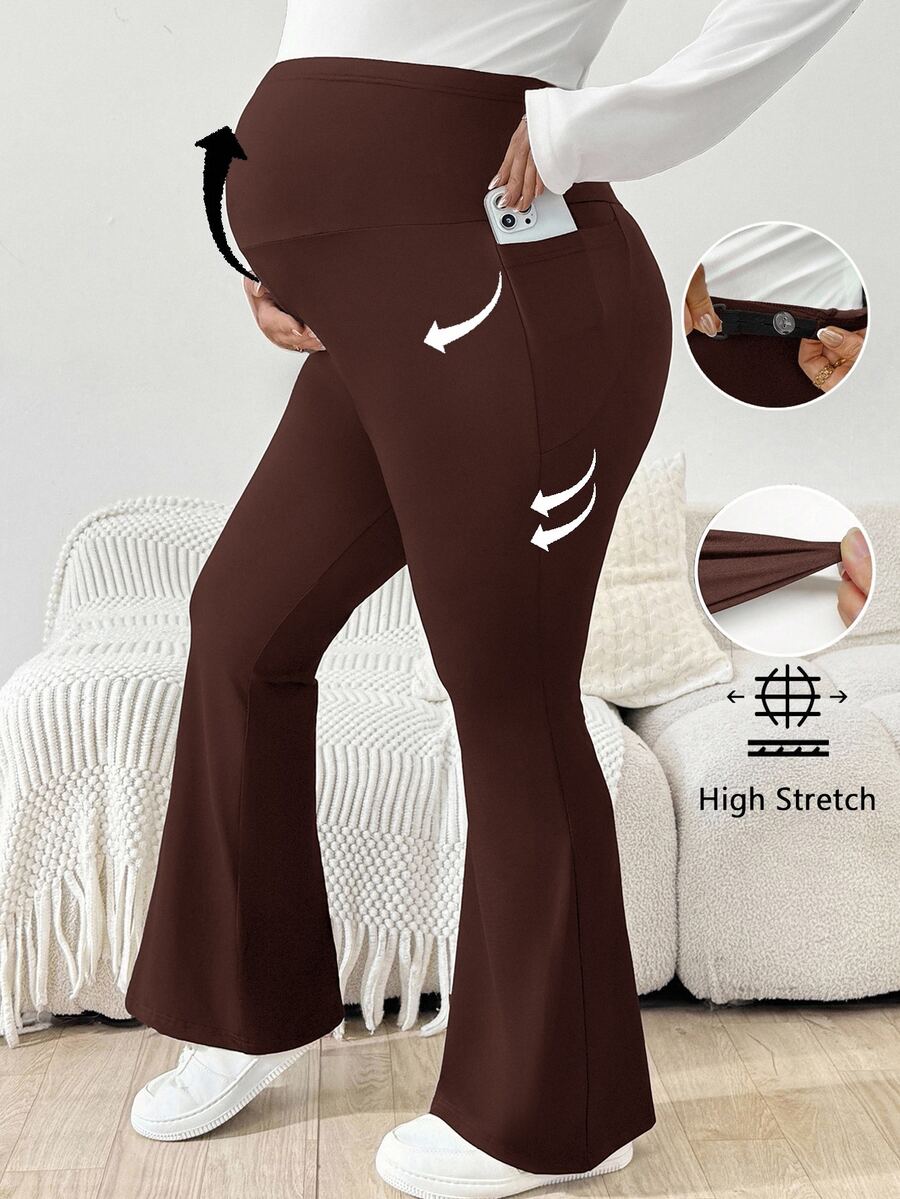 Trudničke raširene pantalone plus size jednobojne sa podesivim strukom i džepovima