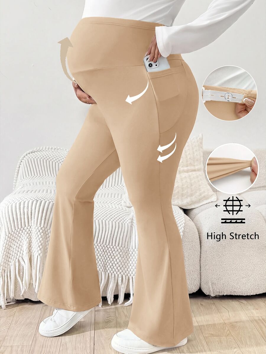 Trudničke raširene pantalone plus size jednobojne sa podesivim strukom i džepovima