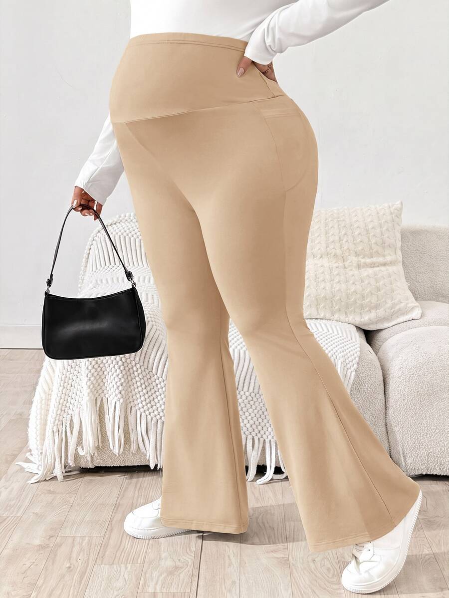 Trudničke raširene pantalone plus size jednobojne sa podesivim strukom i džepovima