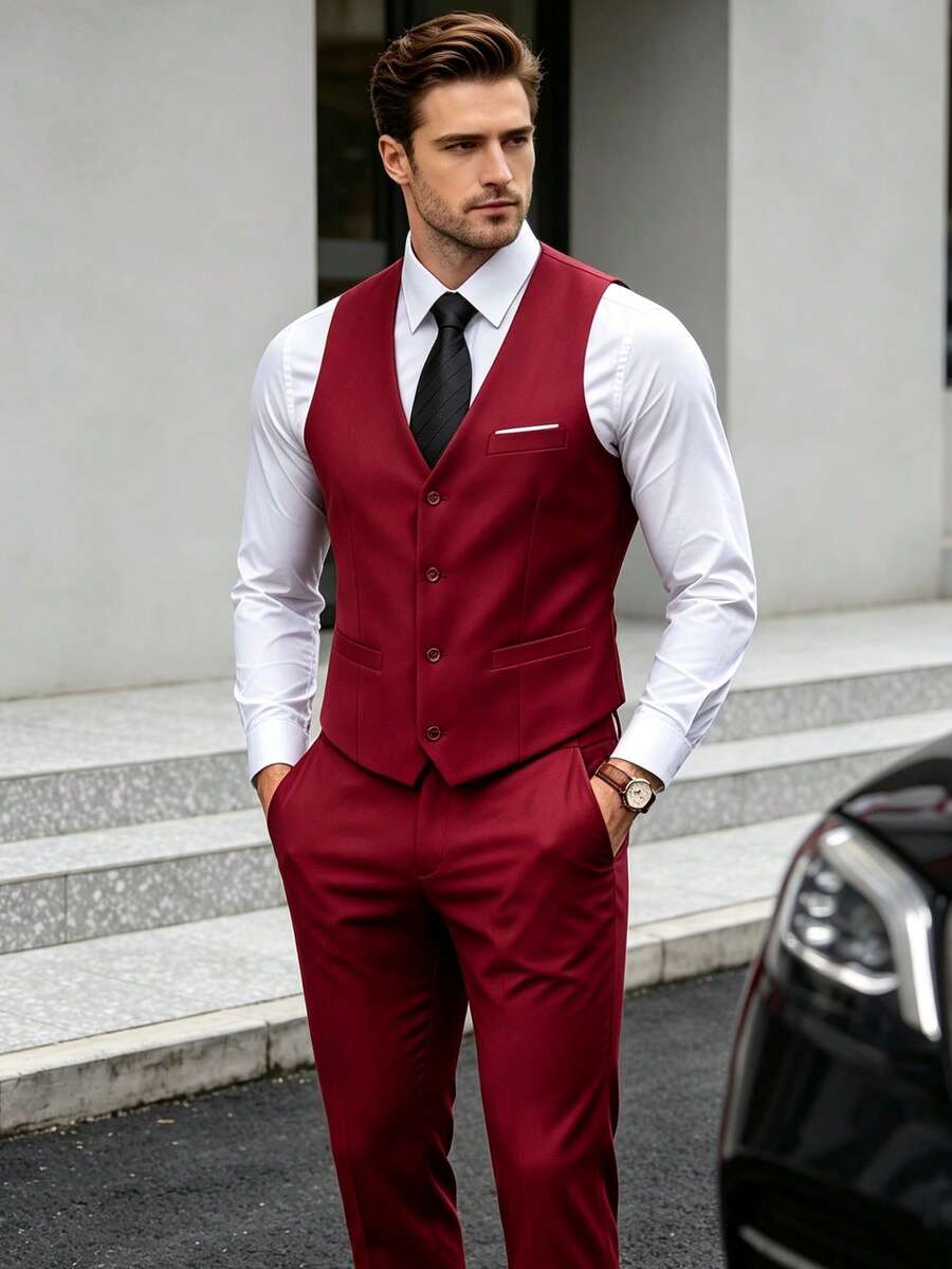 Muški set od 4 dela, elegantan jednobojan slim fit prsluk, pantalone i set kravate