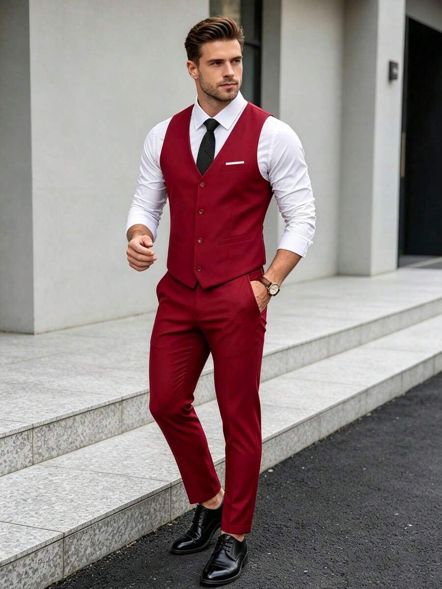 Muški set od 4 dela, elegantan jednobojan slim fit prsluk, pantalone i set kravate
