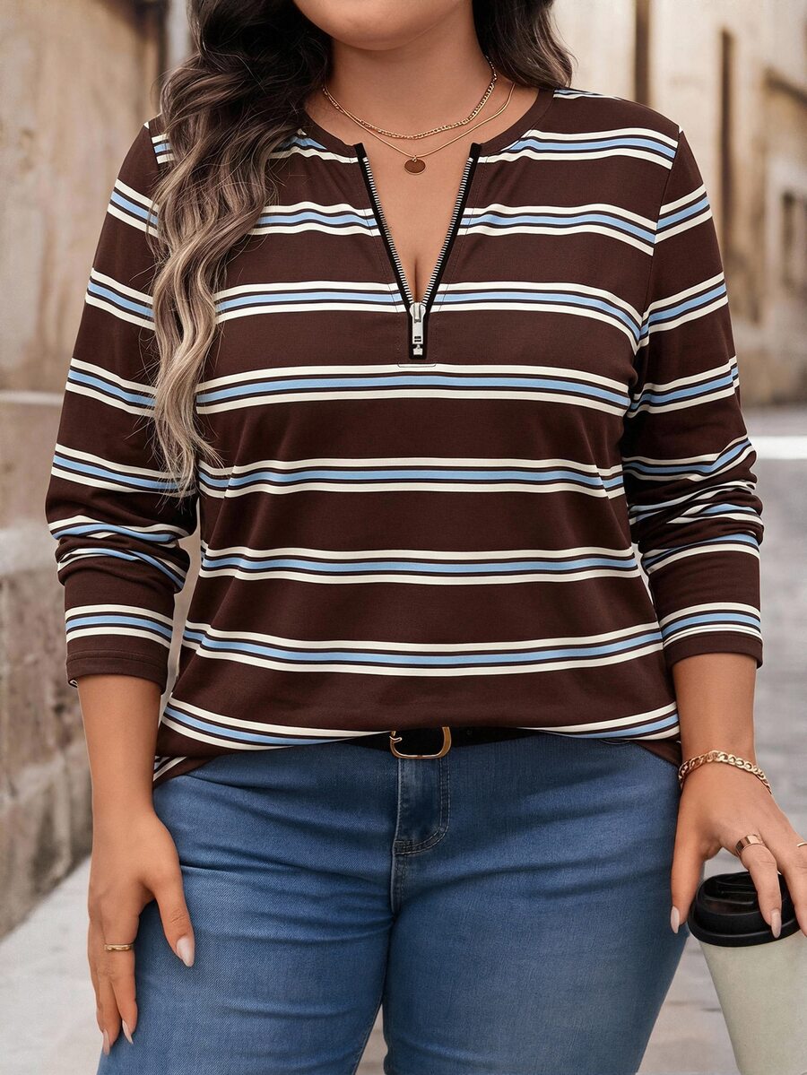 Bluza plus size, širokog kroja, sa polu-ziperom, okruglim izrezom i dugim rukavima