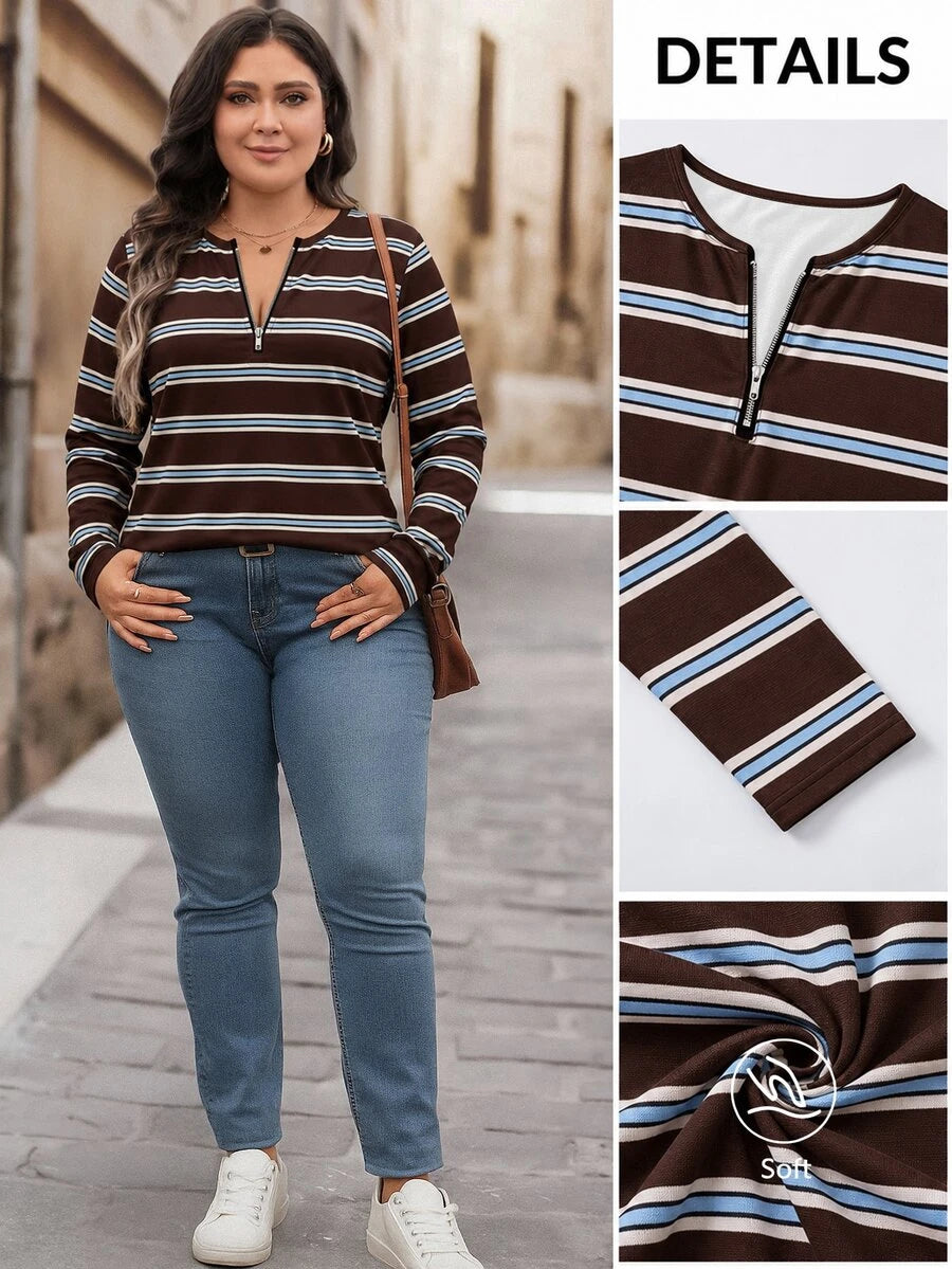 Bluza plus size, širokog kroja, sa polu-ziperom, okruglim izrezom i dugim rukavima