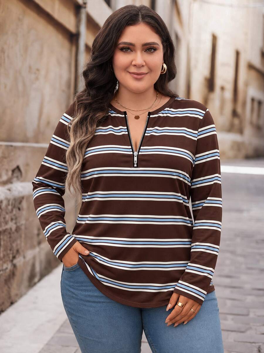 Bluza plus size, širokog kroja, sa polu-ziperom, okruglim izrezom i dugim rukavima
