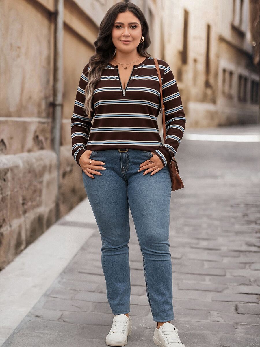 Bluza plus size, širokog kroja, sa polu-ziperom, okruglim izrezom i dugim rukavima