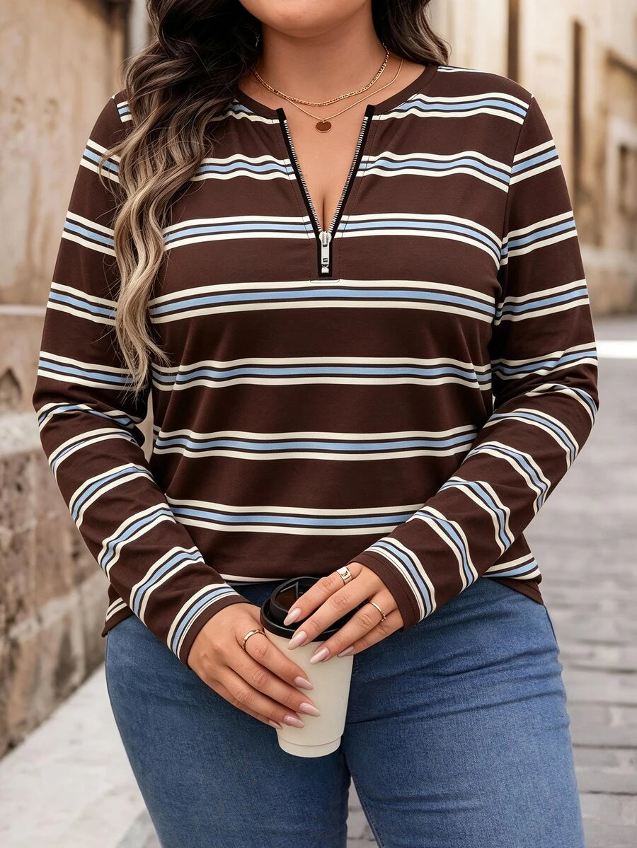 Bluza plus size, širokog kroja, sa polu-ziperom, okruglim izrezom i dugim rukavima