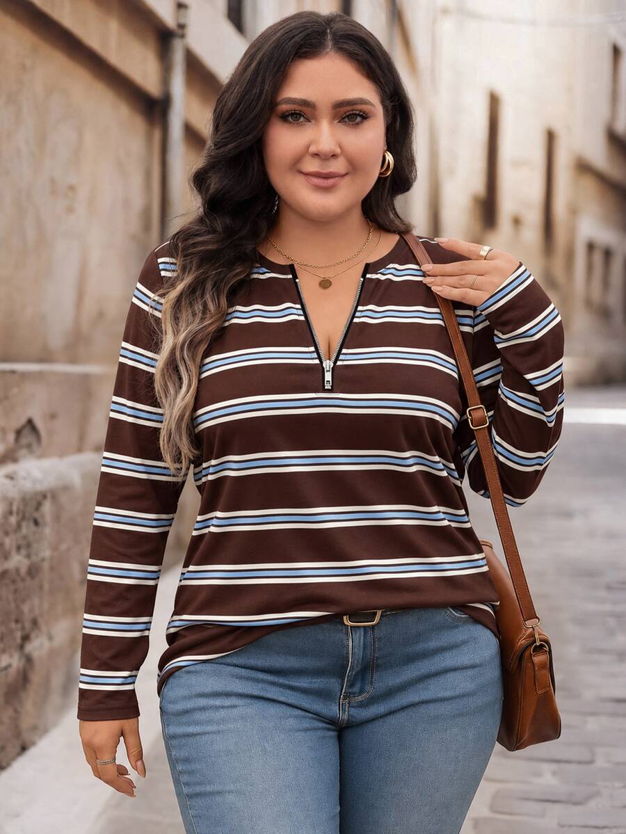 Bluza plus size, širokog kroja, sa polu-ziperom, okruglim izrezom i dugim rukavima