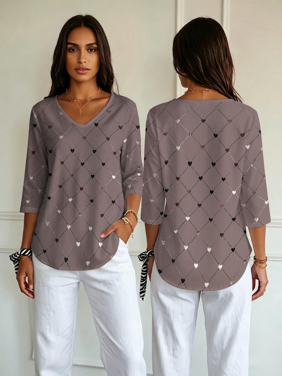 Bluza sa geometrijskim printom srca i dijamanta, V-izrez, 3/4 rukavi, plus size