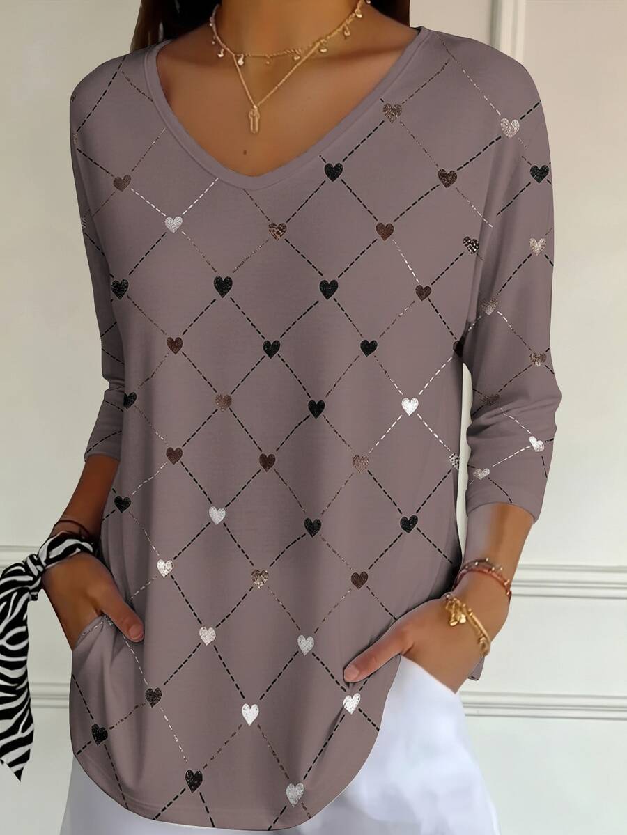 Bluza sa geometrijskim printom srca i dijamanta, V-izrez, 3/4 rukavi, plus size