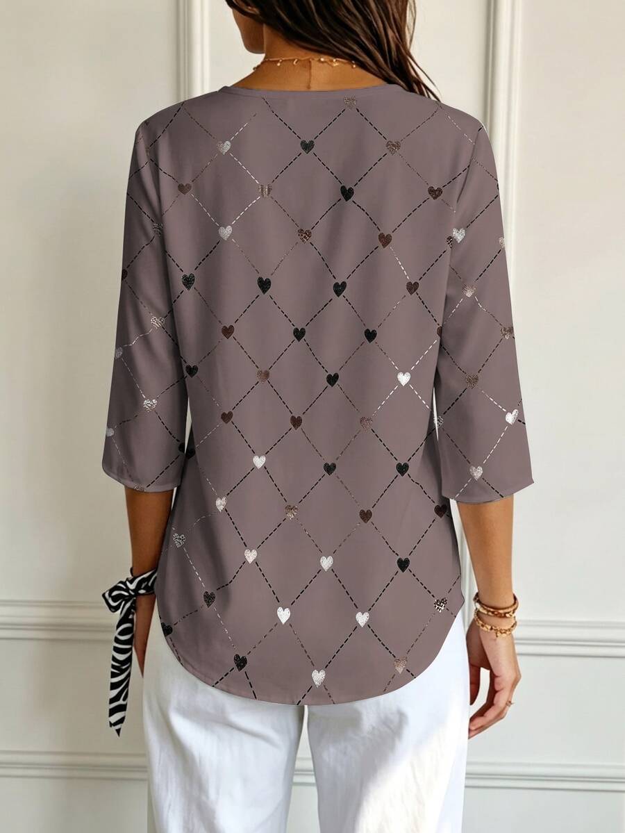Bluza sa geometrijskim printom srca i dijamanta, V-izrez, 3/4 rukavi, plus size