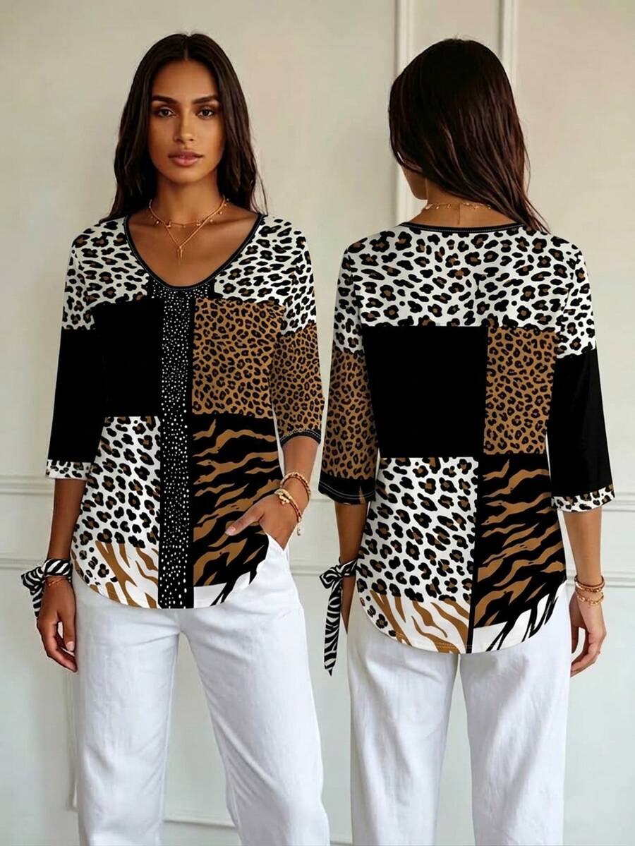 Bluza sa geometrijskim printom srca i dijamanta, V-izrez, 3/4 rukavi, plus size