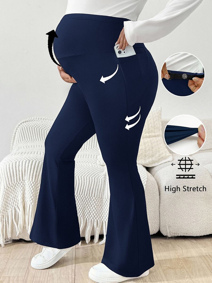 Trudničke raširene pantalone plus size jednobojne sa podesivim strukom i džepovima